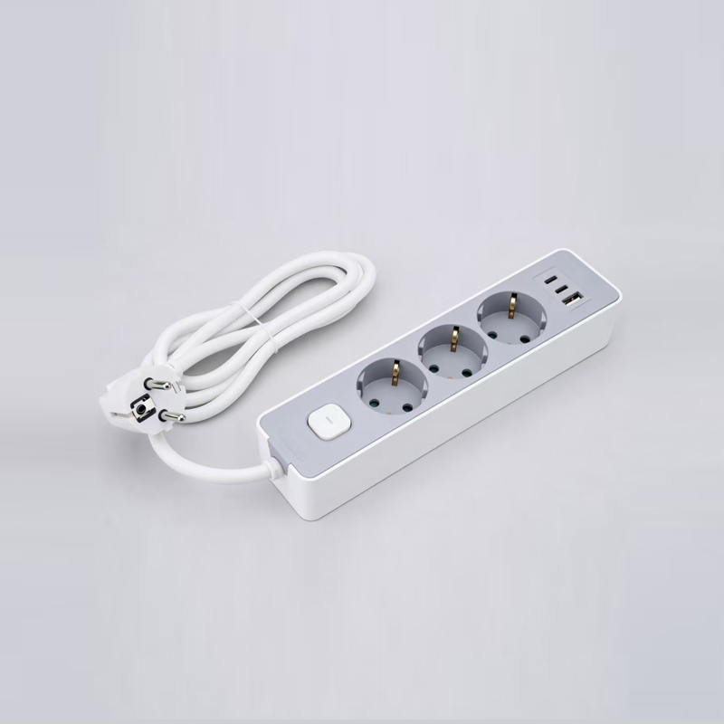 LOB-03K-AC Alman tipi 3 çıkışlı anahtarlı uzatma kablosu, PD hızlı şarj cihazı, 1 USB-A ve 2 Type-C bağlantı noktası